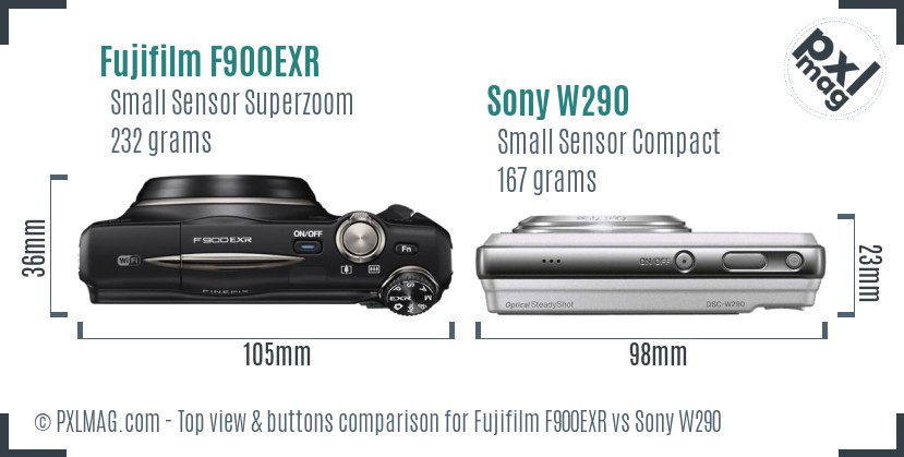 Fujifilm F900EXR vs Sony W290 top view buttons comparison