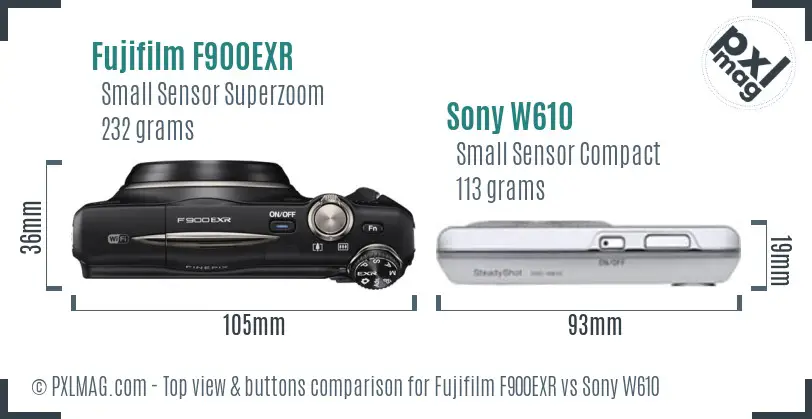 Fujifilm F900EXR vs Sony W610 top view buttons comparison