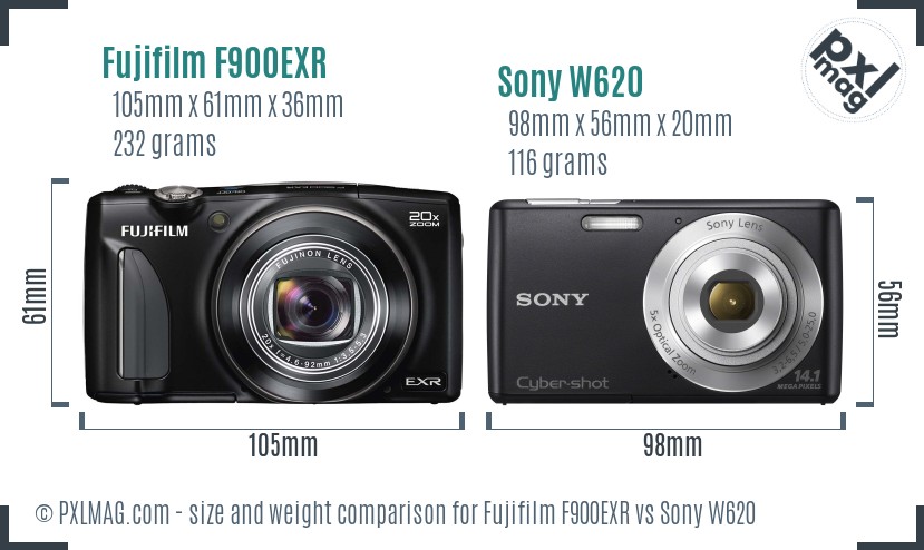 Fujifilm F900EXR vs Sony W620 size comparison