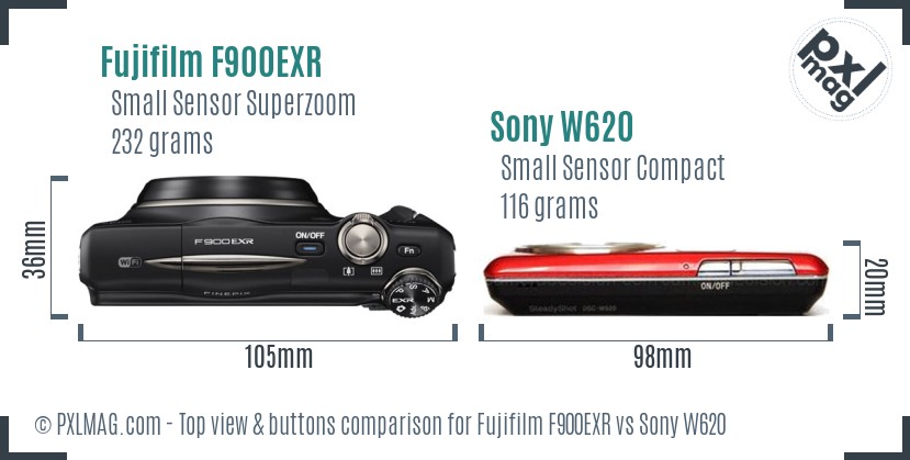 Fujifilm F900EXR vs Sony W620 top view buttons comparison