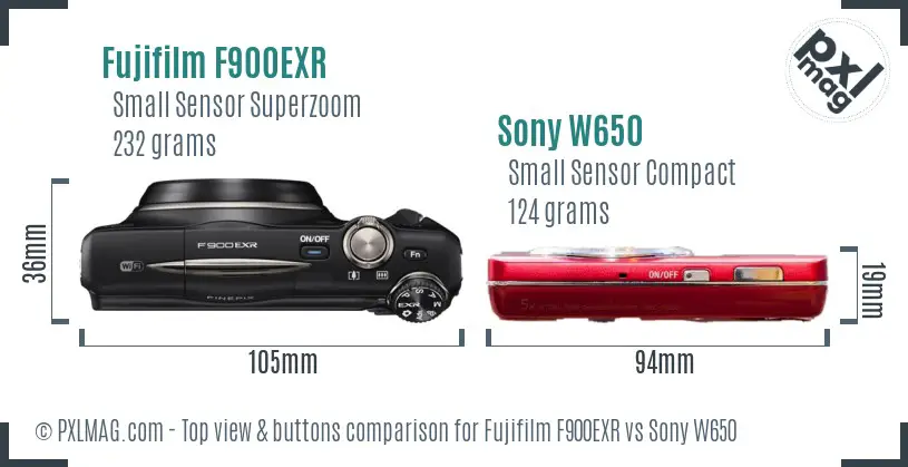 Fujifilm F900EXR vs Sony W650 top view buttons comparison Fujifilm F900EXR vs Sony W650 top view buttons comparison