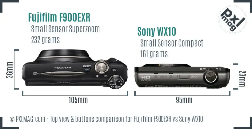 Fujifilm F900EXR vs Sony WX10 top view buttons comparison