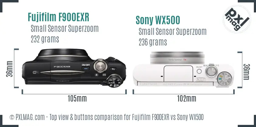 Fujifilm F900EXR vs Sony WX500 top view buttons comparison
