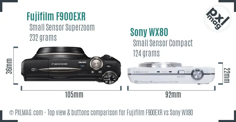 Fujifilm F900EXR vs Sony WX80 top view buttons comparison Fujifilm F900EXR vs Sony WX80 top view buttons comparison