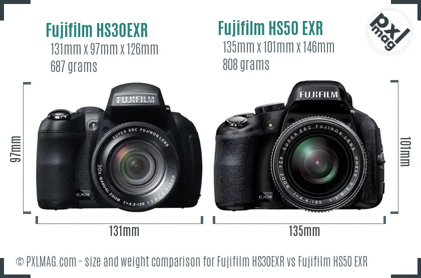 Fujifilm HS30EXR vs Fujifilm HS50 EXR size comparison