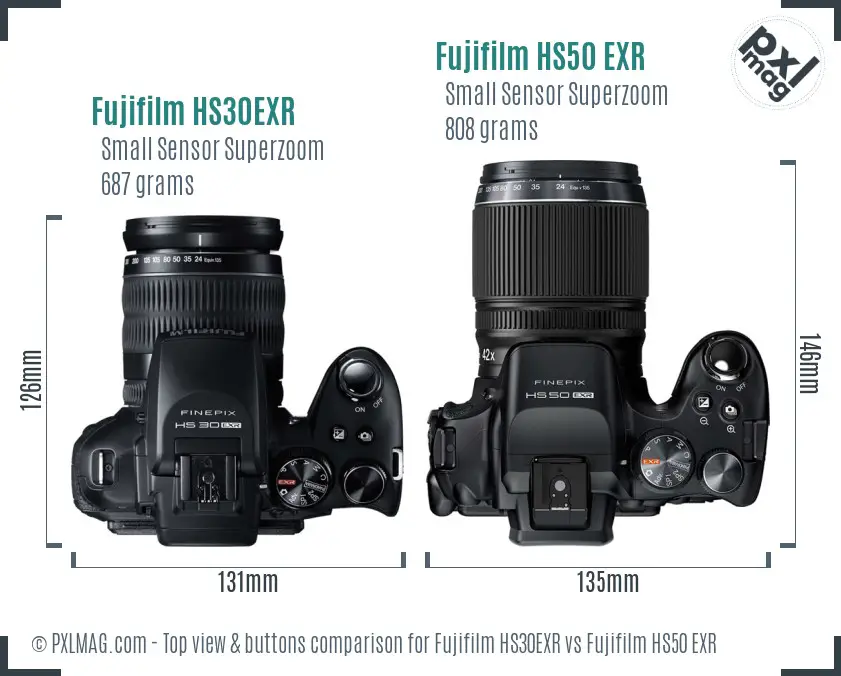 Fujifilm HS30EXR vs Fujifilm HS50 EXR top view buttons comparison