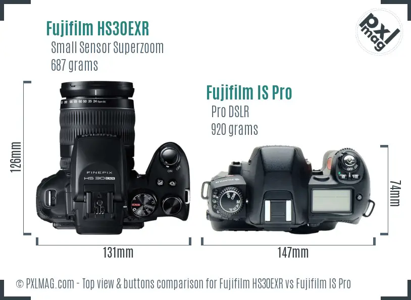 Fujifilm HS30EXR vs Fujifilm IS Pro top view buttons comparison