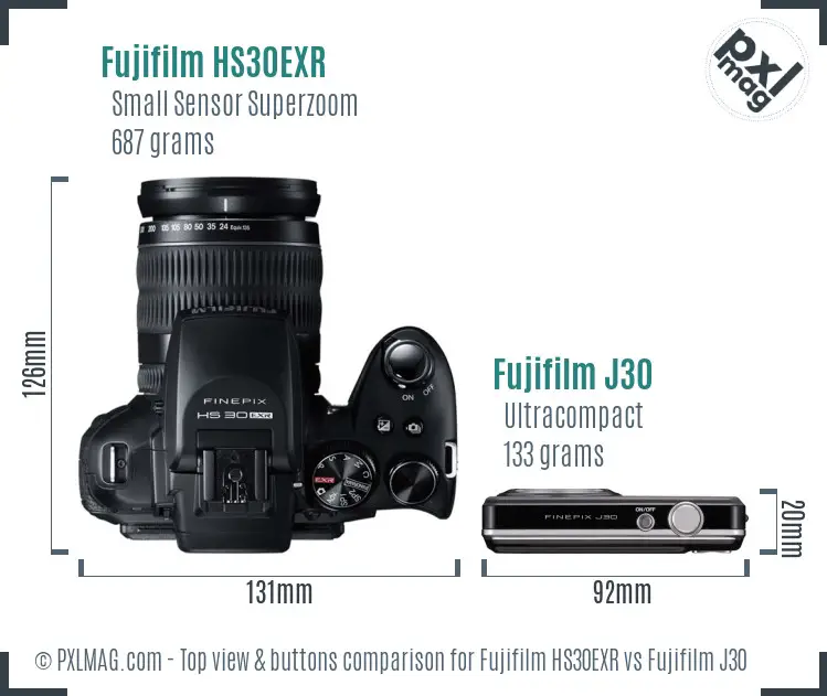 Fujifilm HS30EXR vs Fujifilm J30 top view buttons comparison Fujifilm HS30EXR vs Fujifilm J30 top view buttons comparison