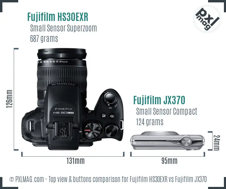 Fujifilm HS30EXR vs Fujifilm JX370 top view buttons comparison