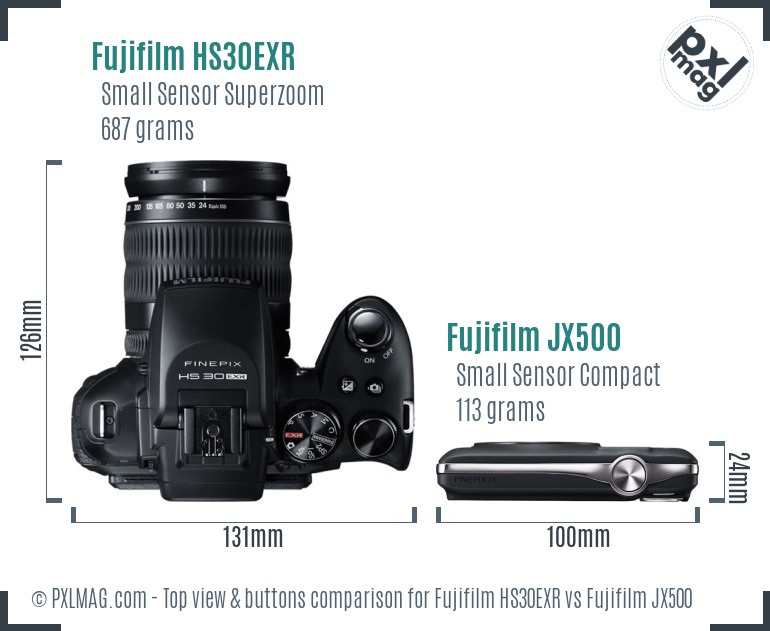 Fujifilm HS30EXR vs Fujifilm JX500 top view buttons comparison