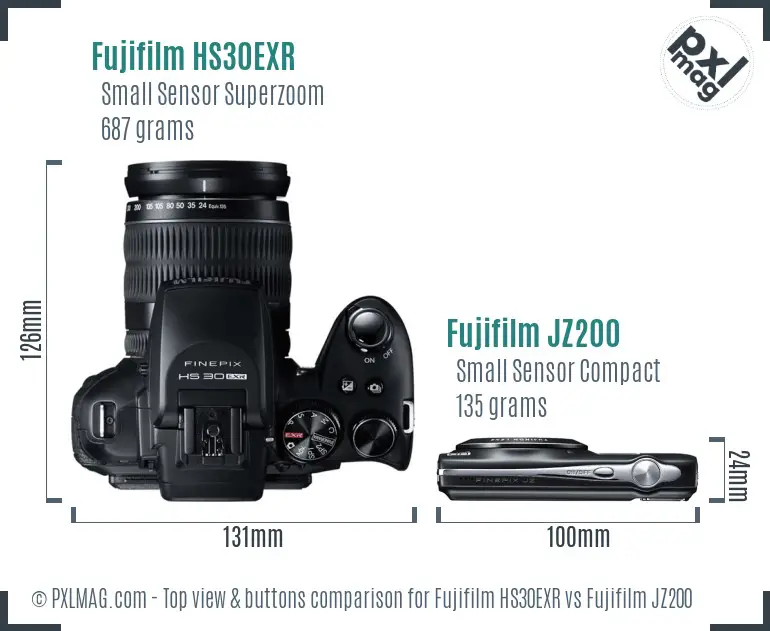 Fujifilm HS30EXR vs Fujifilm JZ200 top view buttons comparison Fujifilm HS30EXR vs Fujifilm JZ200 top view buttons comparison