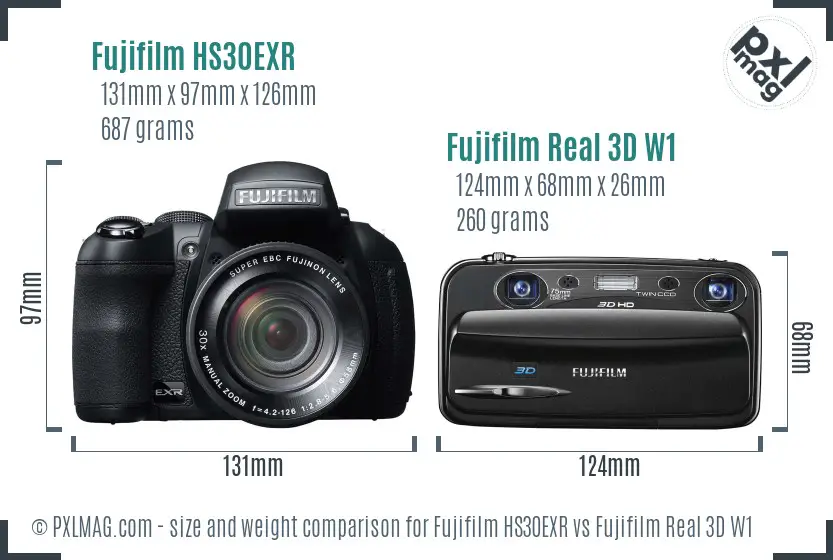 Fujifilm HS30EXR vs Fujifilm Real 3D W1 size comparison