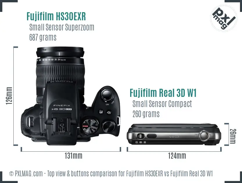Fujifilm HS30EXR vs Fujifilm Real 3D W1 top view buttons comparison