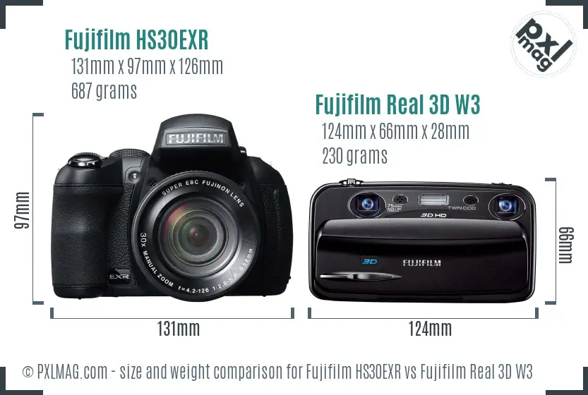 Fujifilm HS30EXR vs Fujifilm Real 3D W3 size comparison