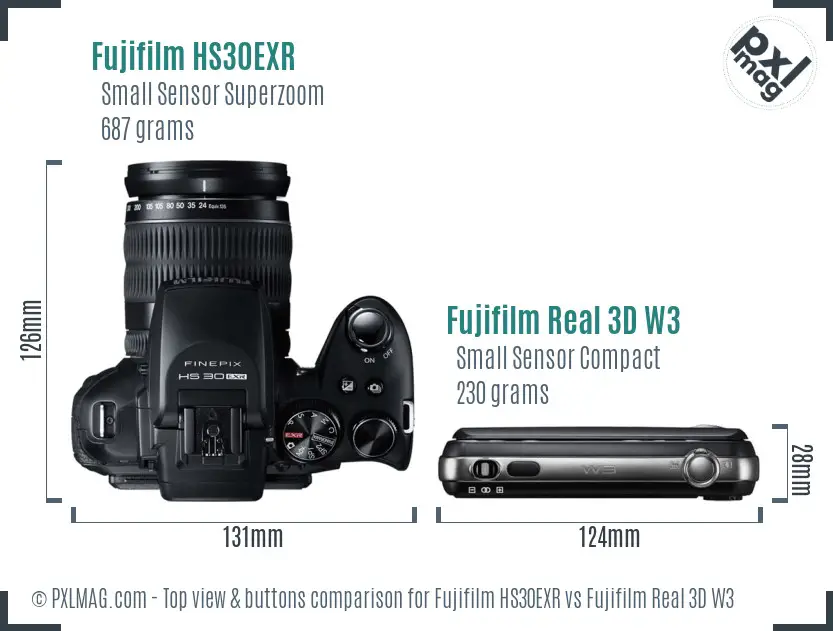 Fujifilm HS30EXR vs Fujifilm Real 3D W3 top view buttons comparison