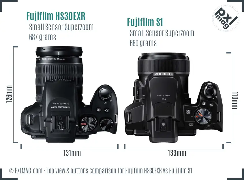 Fujifilm HS30EXR vs Fujifilm S1 top view buttons comparison