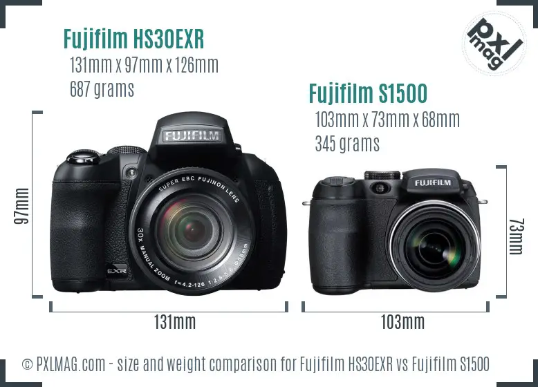 Fujifilm HS30EXR vs Fujifilm S1500 size comparison