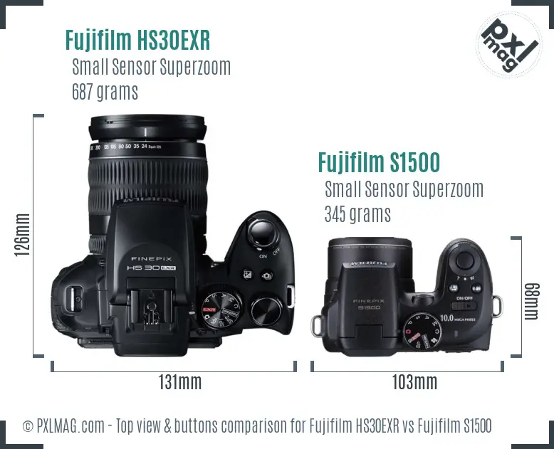 Fujifilm HS30EXR vs Fujifilm S1500 top view buttons comparison