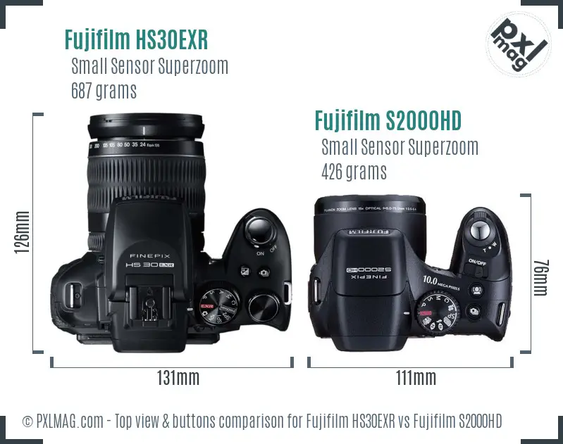 Fujifilm HS30EXR vs Fujifilm S2000HD top view buttons comparison