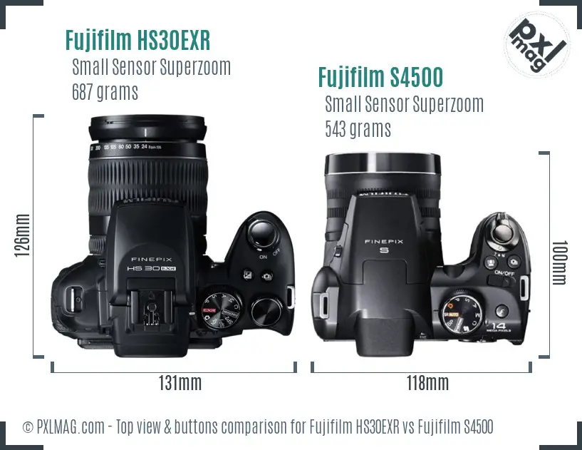 Fujifilm HS30EXR vs Fujifilm S4500 top view buttons comparison