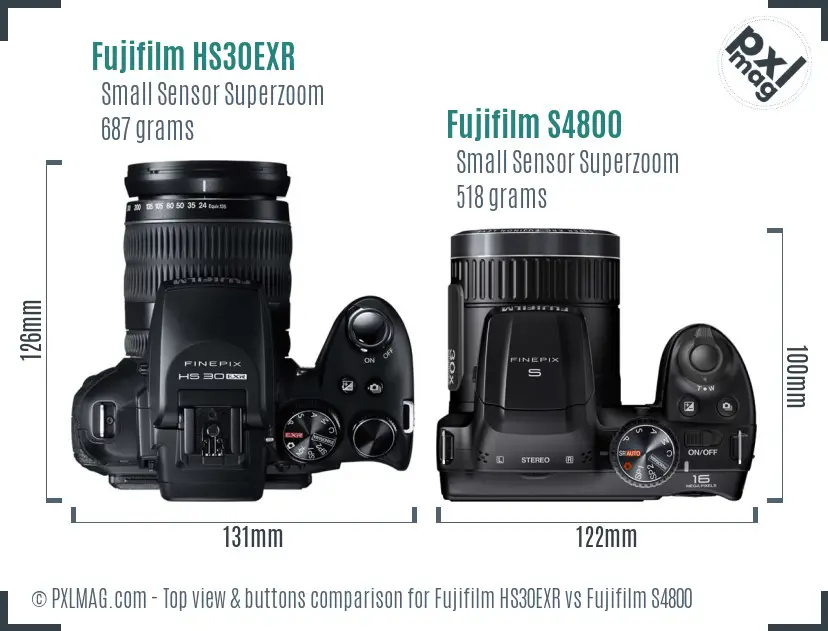 Fujifilm HS30EXR vs Fujifilm S4800 top view buttons comparison