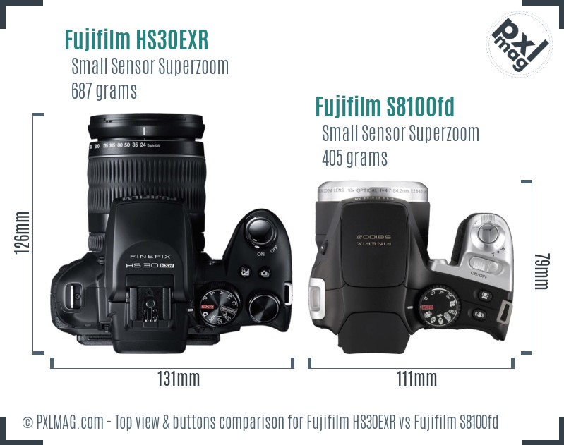 Fujifilm HS30EXR vs Fujifilm S8100fd top view buttons comparison