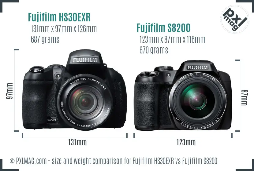 Fujifilm HS30EXR vs Fujifilm S8200 size comparison