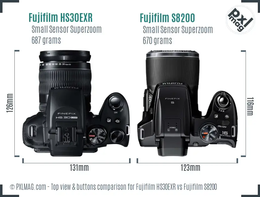 Fujifilm HS30EXR vs Fujifilm S8200 top view buttons comparison