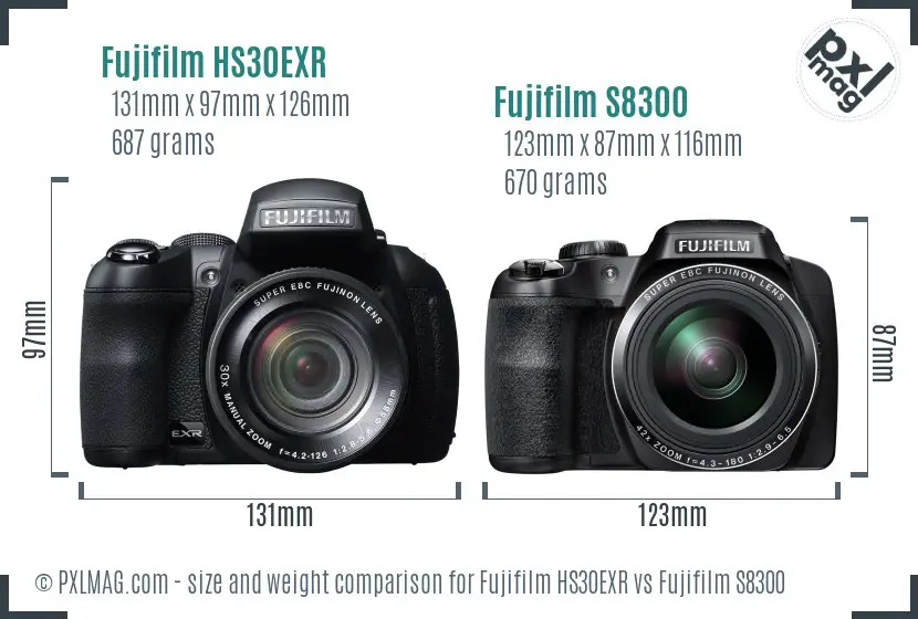 Fujifilm HS30EXR vs Fujifilm S8300 size comparison