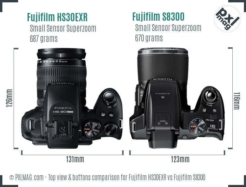 Fujifilm HS30EXR vs Fujifilm S8300 top view buttons comparison