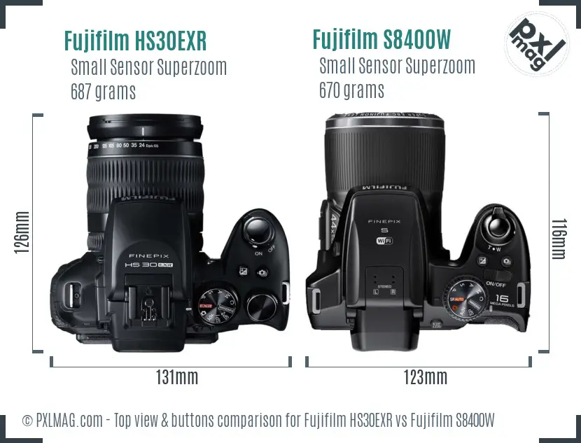 Fujifilm HS30EXR vs Fujifilm S8400W top view buttons comparison