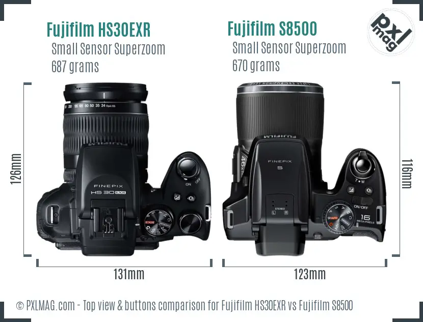 Fujifilm HS30EXR vs Fujifilm S8500 top view buttons comparison Fujifilm HS30EXR vs Fujifilm S8500 top view buttons comparison