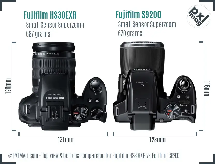 Fujifilm HS30EXR vs Fujifilm S9200 top view buttons comparison