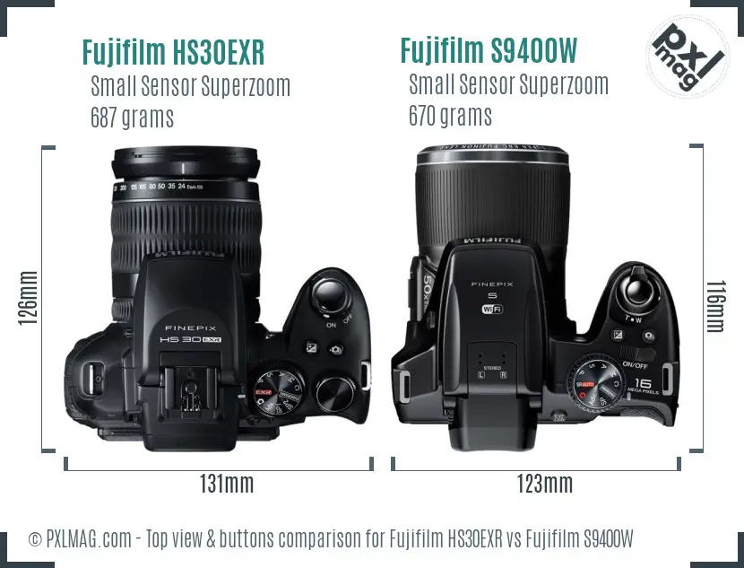 Fujifilm HS30EXR vs Fujifilm S9400W top view buttons comparison