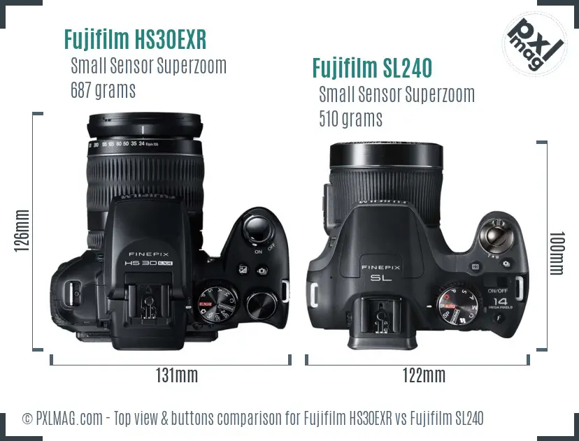 Fujifilm HS30EXR vs Fujifilm SL240 top view buttons comparison