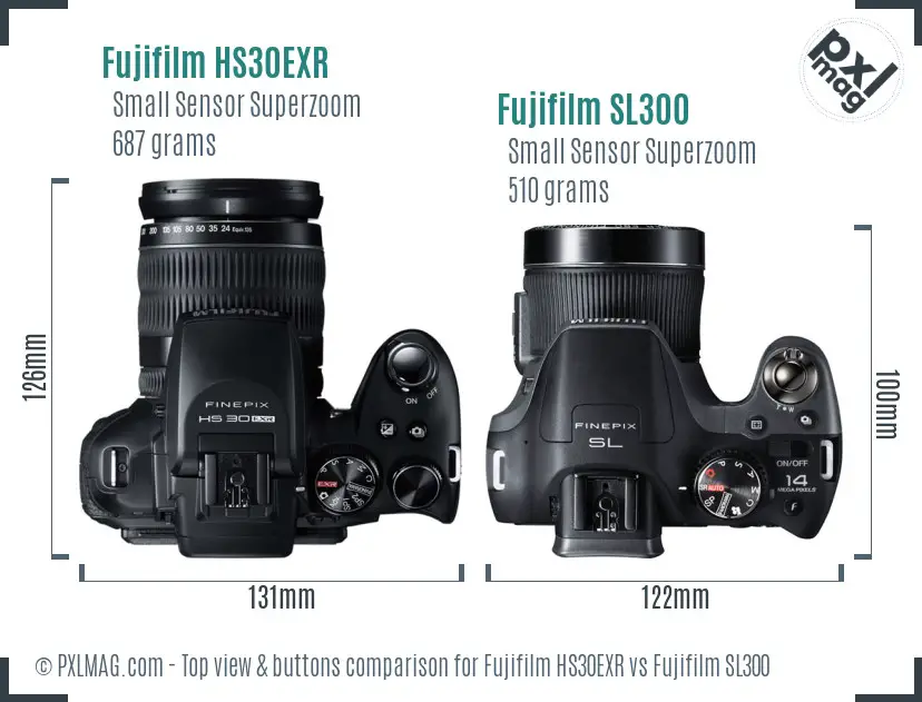 Fujifilm HS30EXR vs Fujifilm SL300 top view buttons comparison Fujifilm HS30EXR vs Fujifilm SL300 top view buttons comparison