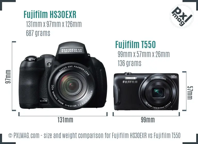Fujifilm HS30EXR vs Fujifilm T550 size comparison