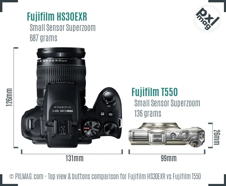 Fujifilm HS30EXR vs Fujifilm T550 top view buttons comparison