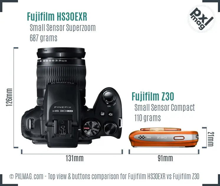 Fujifilm HS30EXR vs Fujifilm Z30 top view buttons comparison