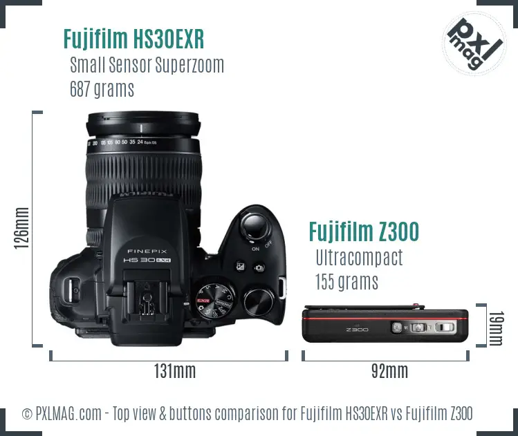 Fujifilm HS30EXR vs Fujifilm Z300 top view buttons comparison