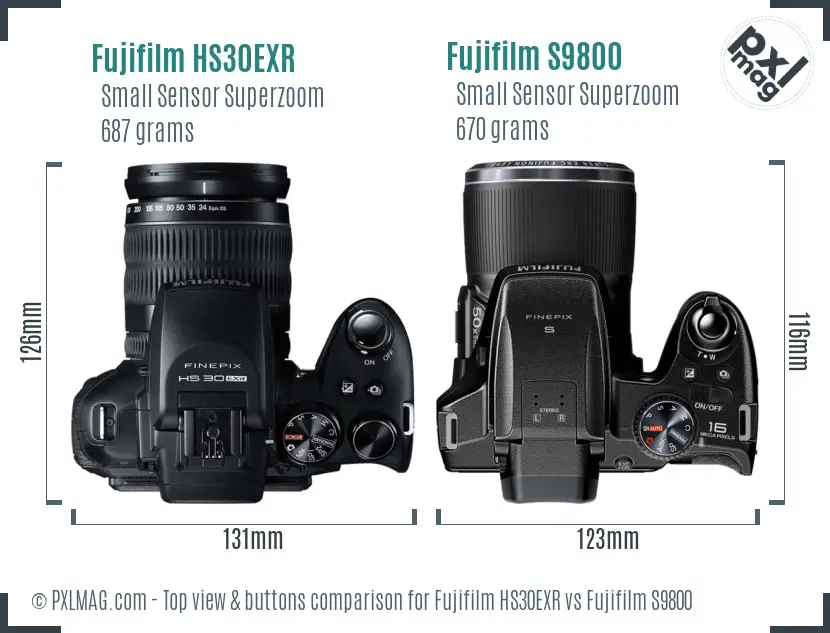 Fujifilm HS30EXR vs Fujifilm S9800 top view buttons comparison