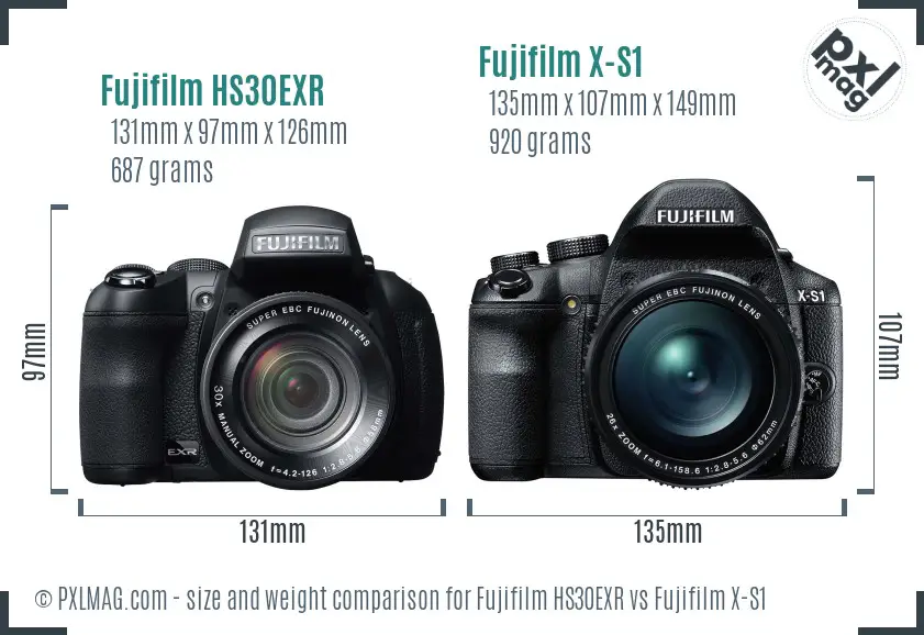 Fujifilm HS30EXR vs Fujifilm X-S1 size comparison