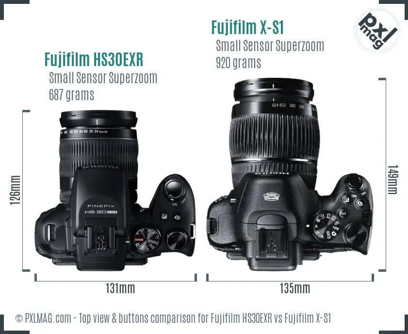 Fujifilm HS30EXR vs Fujifilm X-S1 top view buttons comparison