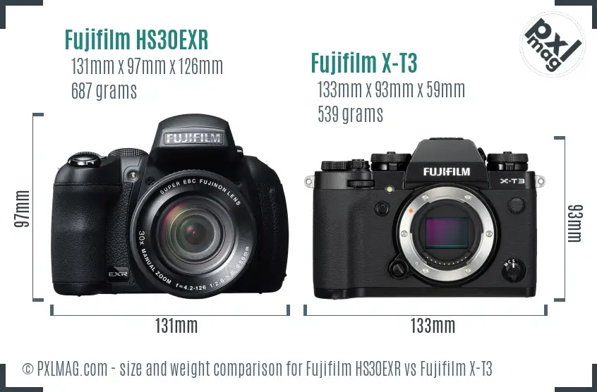 Fujifilm HS30EXR vs Fujifilm X-T3 size comparison
