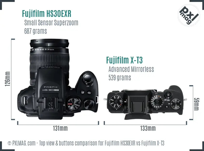 Fujifilm HS30EXR vs Fujifilm X-T3 top view buttons comparison