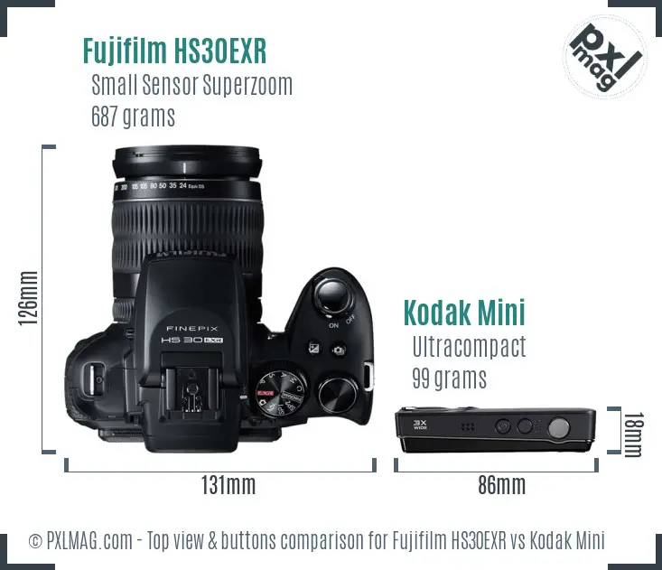 Fujifilm HS30EXR vs Kodak Mini top view buttons comparison