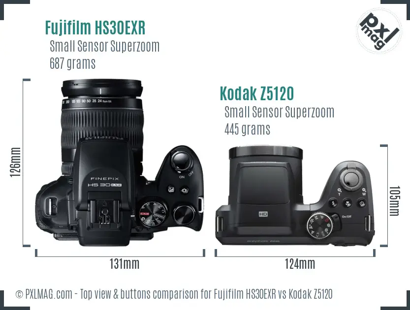 Fujifilm HS30EXR vs Kodak Z5120 top view buttons comparison