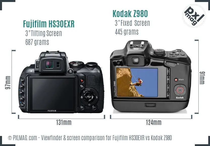Fujifilm HS30EXR vs Kodak Z980 Screen and Viewfinder comparison