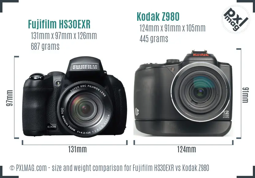 Fujifilm HS30EXR vs Kodak Z980 size comparison
