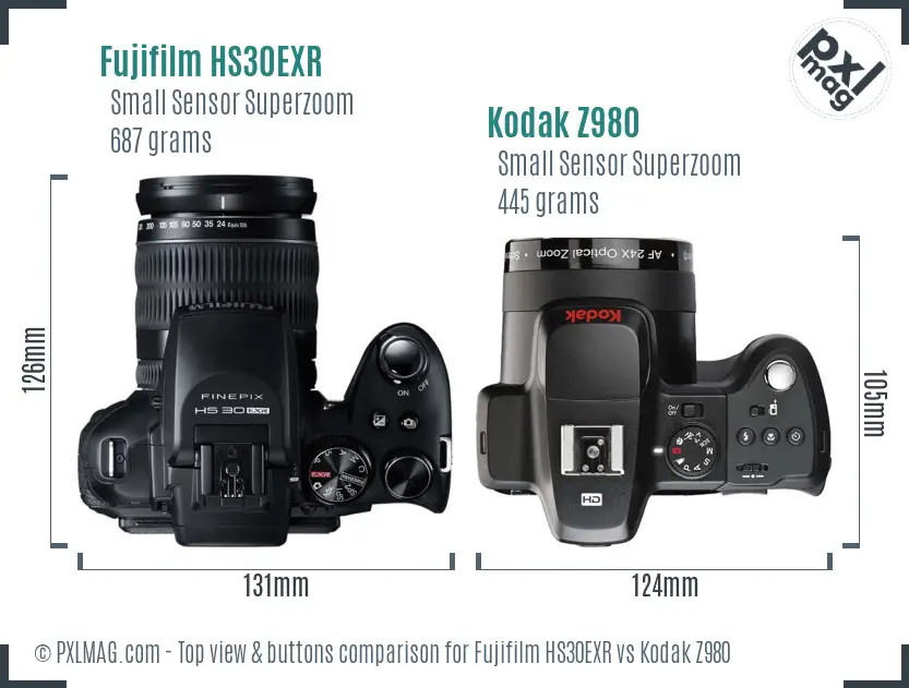 Fujifilm HS30EXR vs Kodak Z980 top view buttons comparison